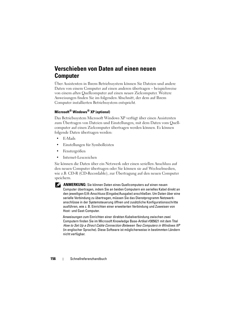 Verschieben von daten auf einen neuen computer | Dell OptiPlex 330 (Late 2007) User Manual | Page 156 / 412