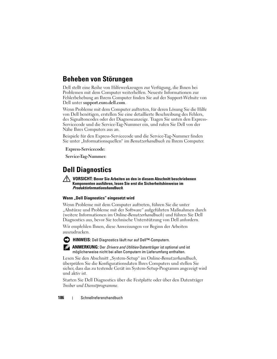 Beheben von störungen, Dell diagnostics | Dell OptiPlex 330 (Late 2007) User Manual | Page 186 / 412