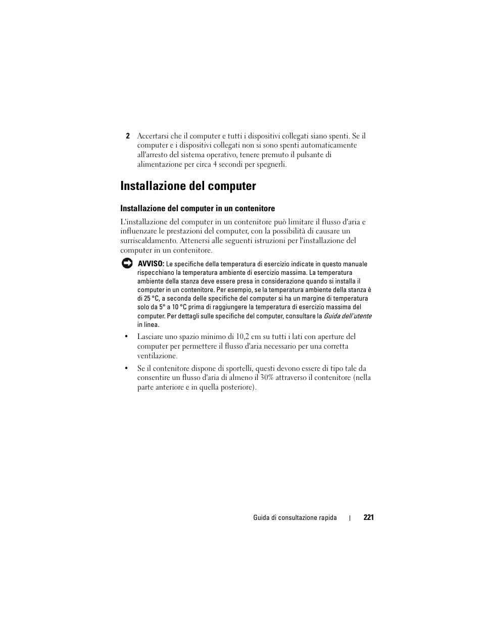 Installazione del computer, Installazione del computer in un contenitore | Dell OptiPlex 330 (Late 2007) User Manual | Page 221 / 412