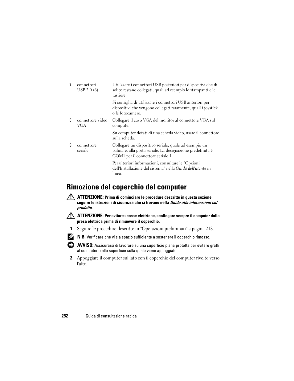 Rimozione del coperchio del computer | Dell OptiPlex 330 (Late 2007) User Manual | Page 252 / 412