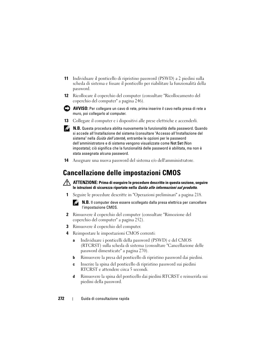 Cancellazione delle impostazioni cmos | Dell OptiPlex 330 (Late 2007) User Manual | Page 272 / 412