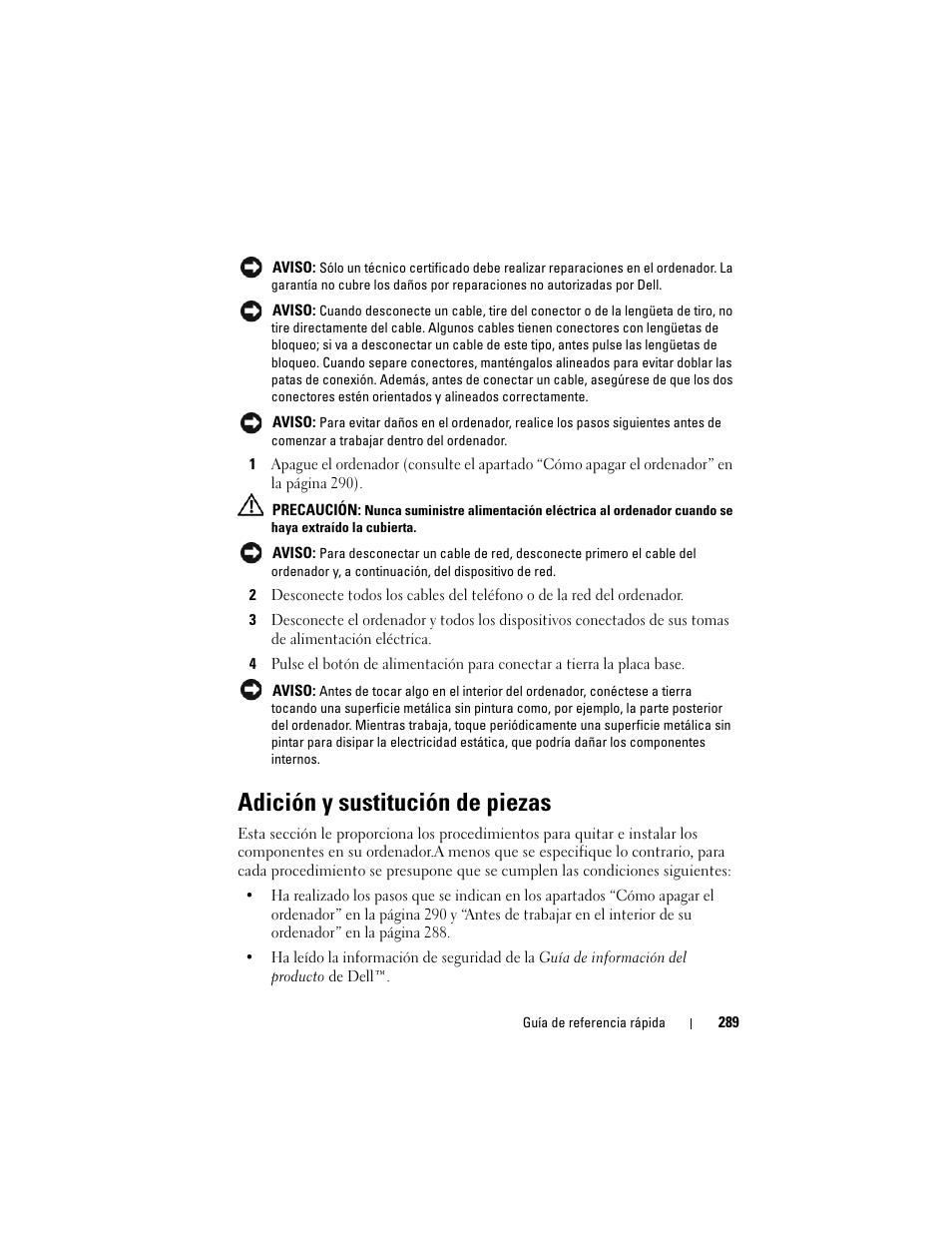 Adición y sustitución de piezas | Dell OptiPlex 330 (Late 2007) User Manual | Page 289 / 412