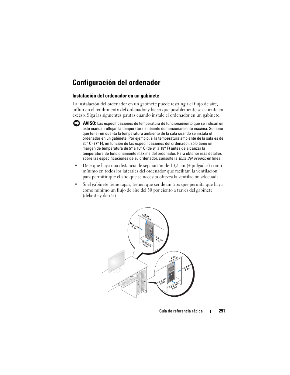 Configuración del ordenador, Instalación del ordenador en un gabinete | Dell OptiPlex 330 (Late 2007) User Manual | Page 291 / 412