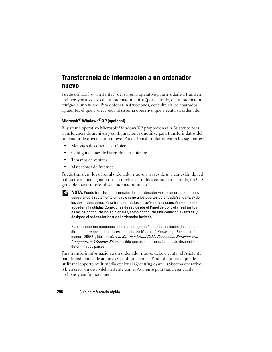 Transferencia de información a un ordenador nuevo | Dell OptiPlex 330 (Late 2007) User Manual | Page 298 / 412