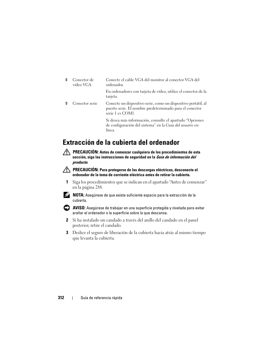 Extracción de la cubierta del ordenador | Dell OptiPlex 330 (Late 2007) User Manual | Page 312 / 412