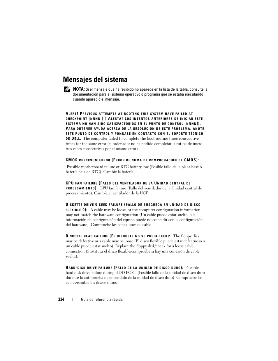 Mensajes del sistema | Dell OptiPlex 330 (Late 2007) User Manual | Page 334 / 412