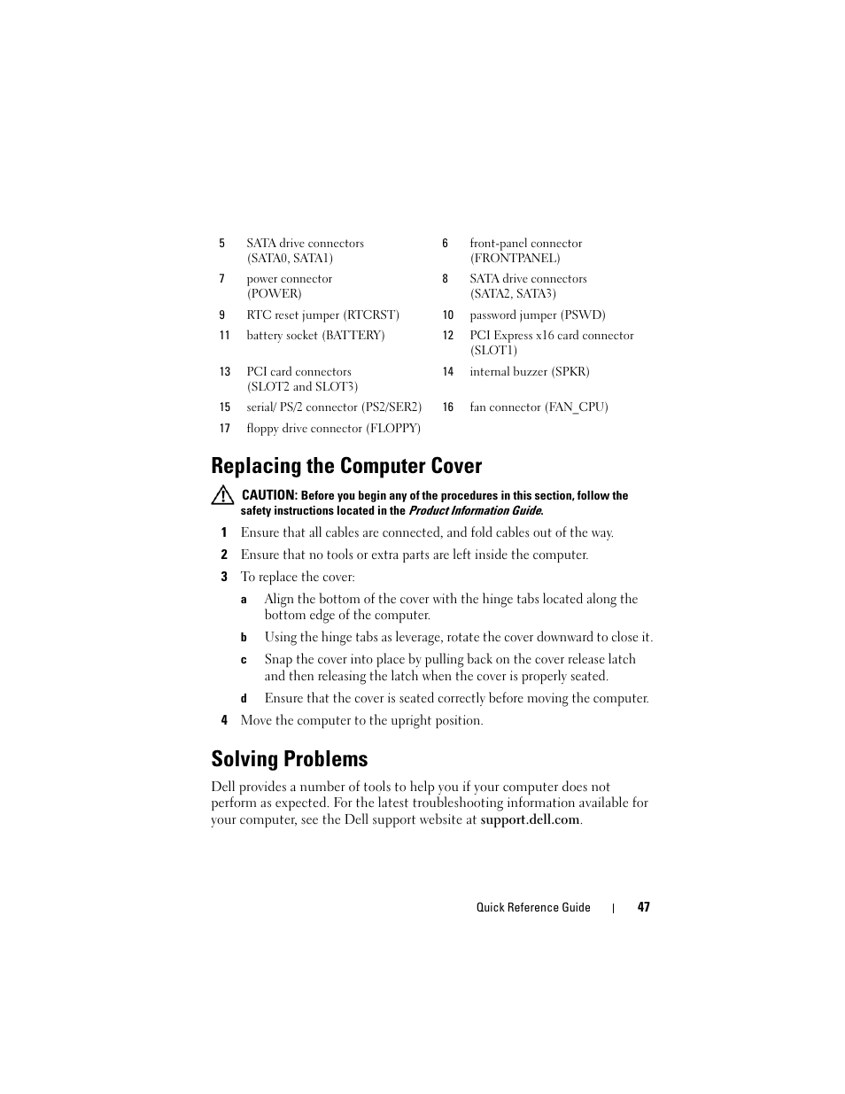 Replacing the computer cover, Solving problems | Dell OptiPlex 330 (Late 2007) User Manual | Page 47 / 412