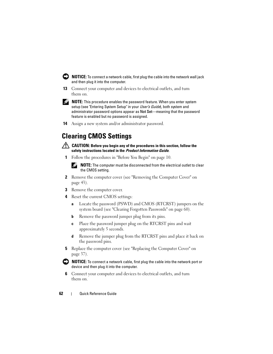 Clearing cmos settings | Dell OptiPlex 330 (Late 2007) User Manual | Page 62 / 412