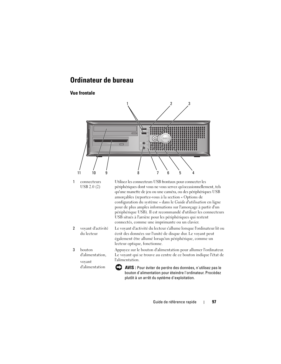 Ordinateur de bureau, Vue frontale | Dell OptiPlex 330 (Late 2007) User Manual | Page 97 / 412