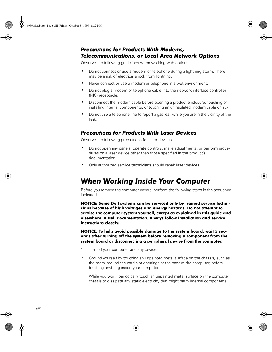 Precautions for products with laser devices, When working inside your computer | Dell PowerVault 51F (8P Fibre Channel Switch) User Manual | Page 10 / 98