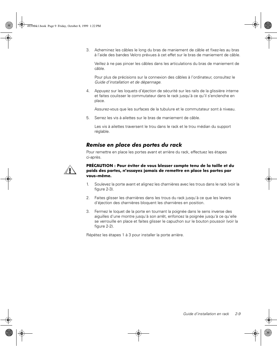 Remise en place des portes du rack | Dell PowerVault 51F (8P Fibre Channel Switch) User Manual | Page 49 / 98