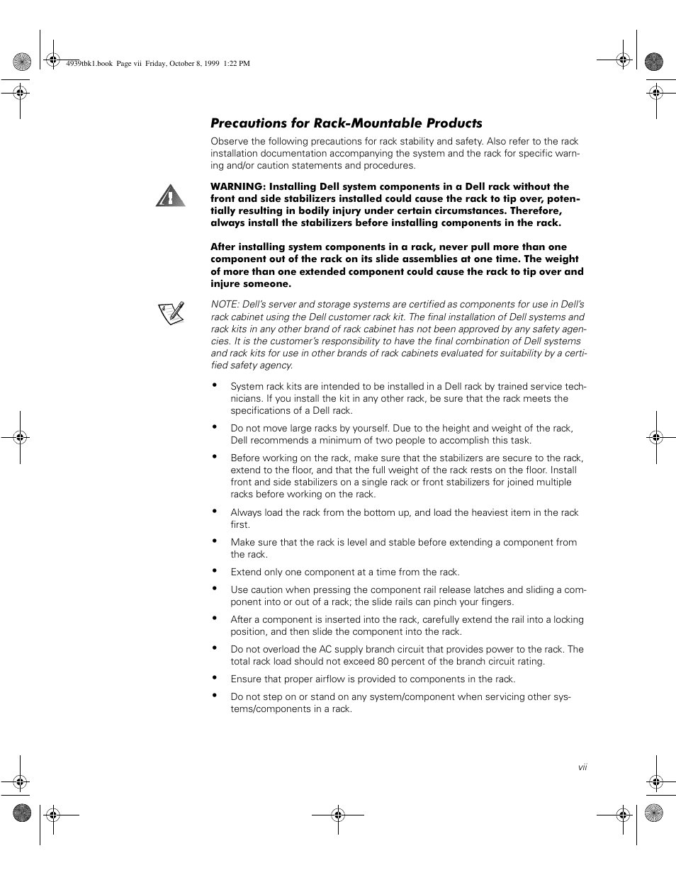 Precautions for rack-mountable products | Dell PowerVault 51F (8P Fibre Channel Switch) User Manual | Page 9 / 98