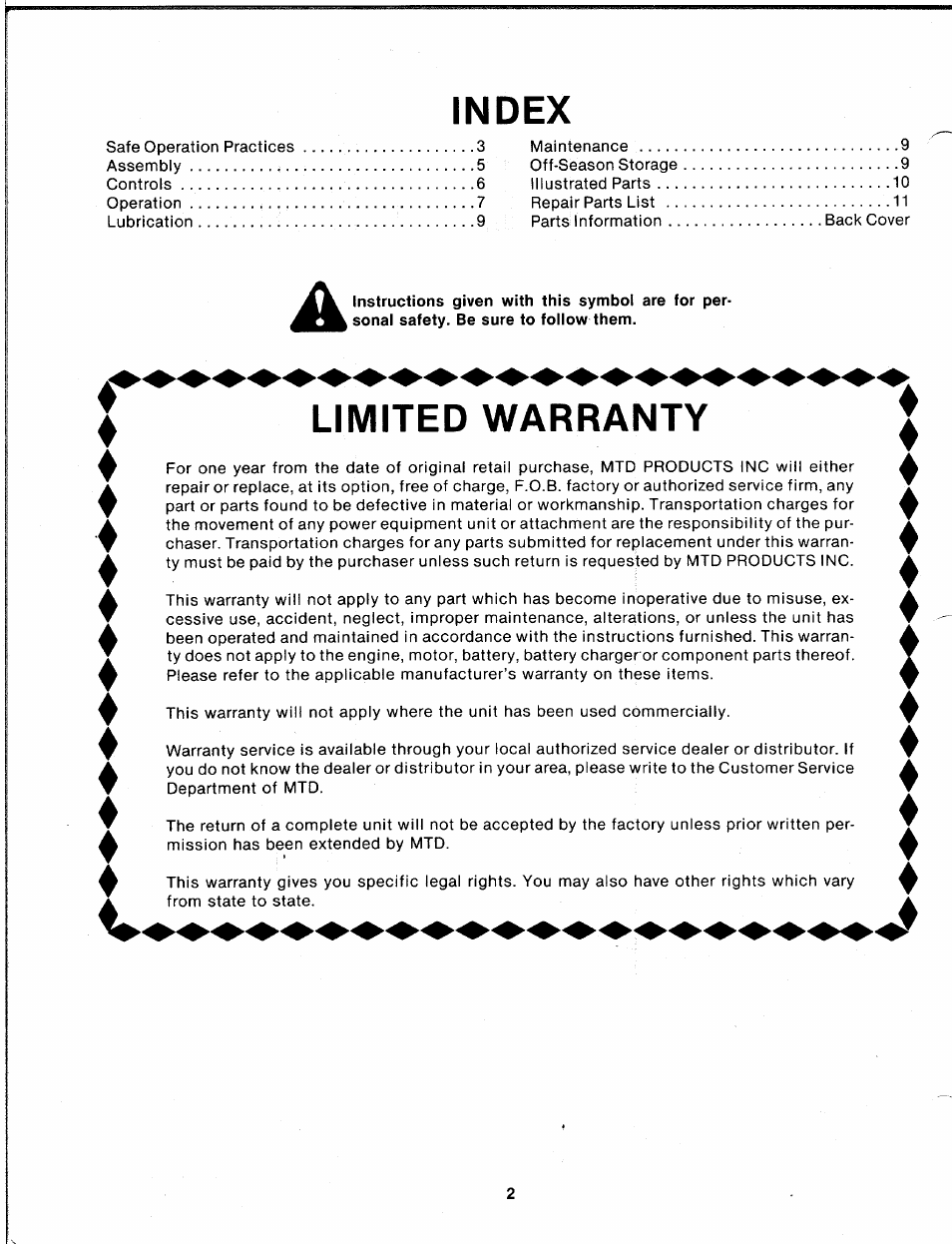 Index, Limited warranty | Bolens 82-0629 User Manual | Page 2 / 13