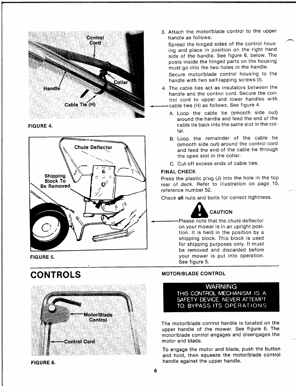 Final check, Caution, Controls | Motor/blade control, Warning | Bolens 82-0629 User Manual | Page 6 / 13