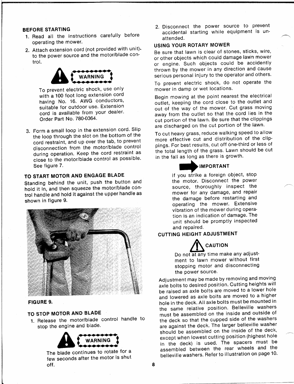 Before starting, To start motor and engage blade, To stop motor and blade | Using your rotary mower, Important, Cutting height adjustment, Caution | Bolens 82-0629 User Manual | Page 8 / 13