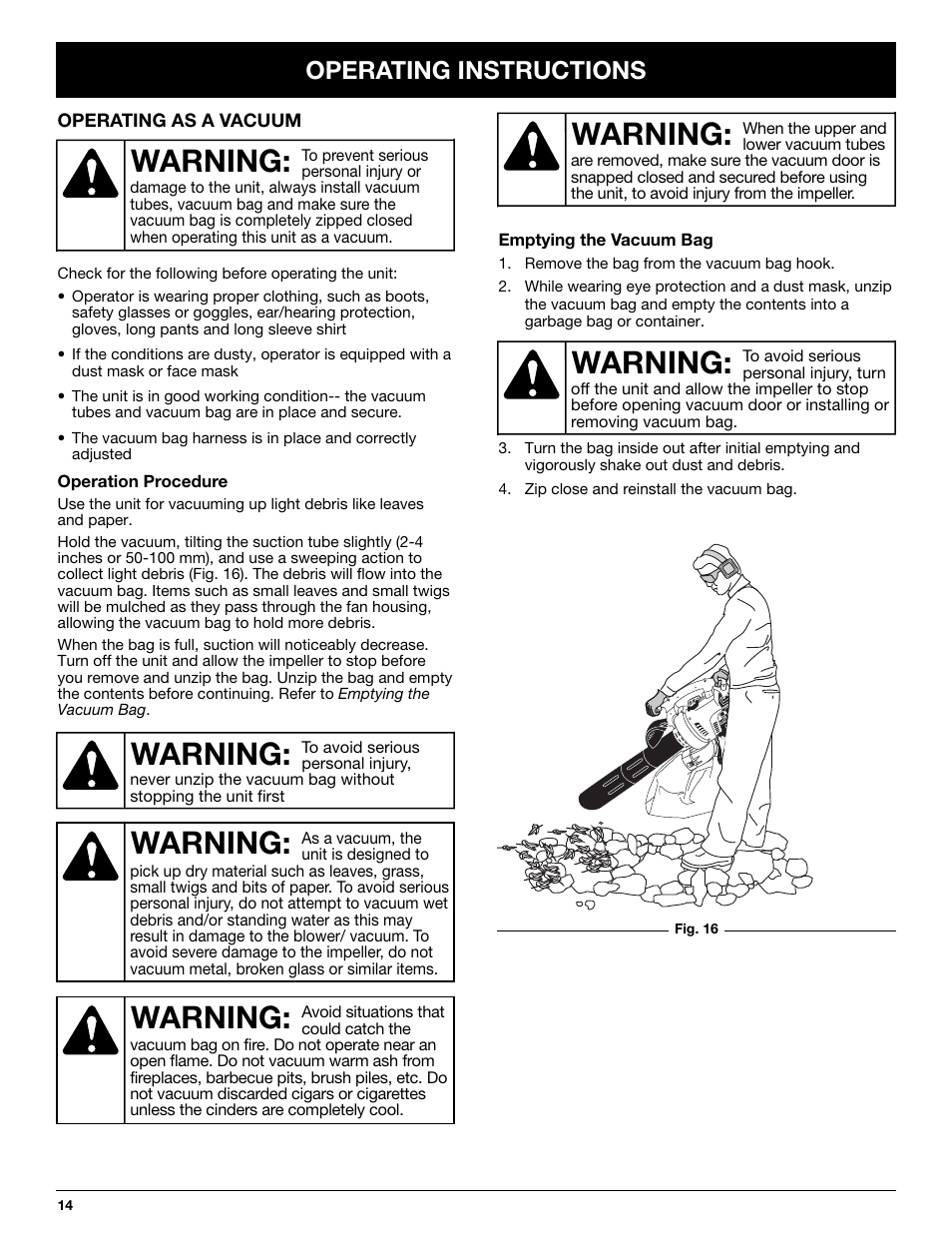 Warning, Operating instructions | MTD YM320BV User Manual | Page 14 / 72