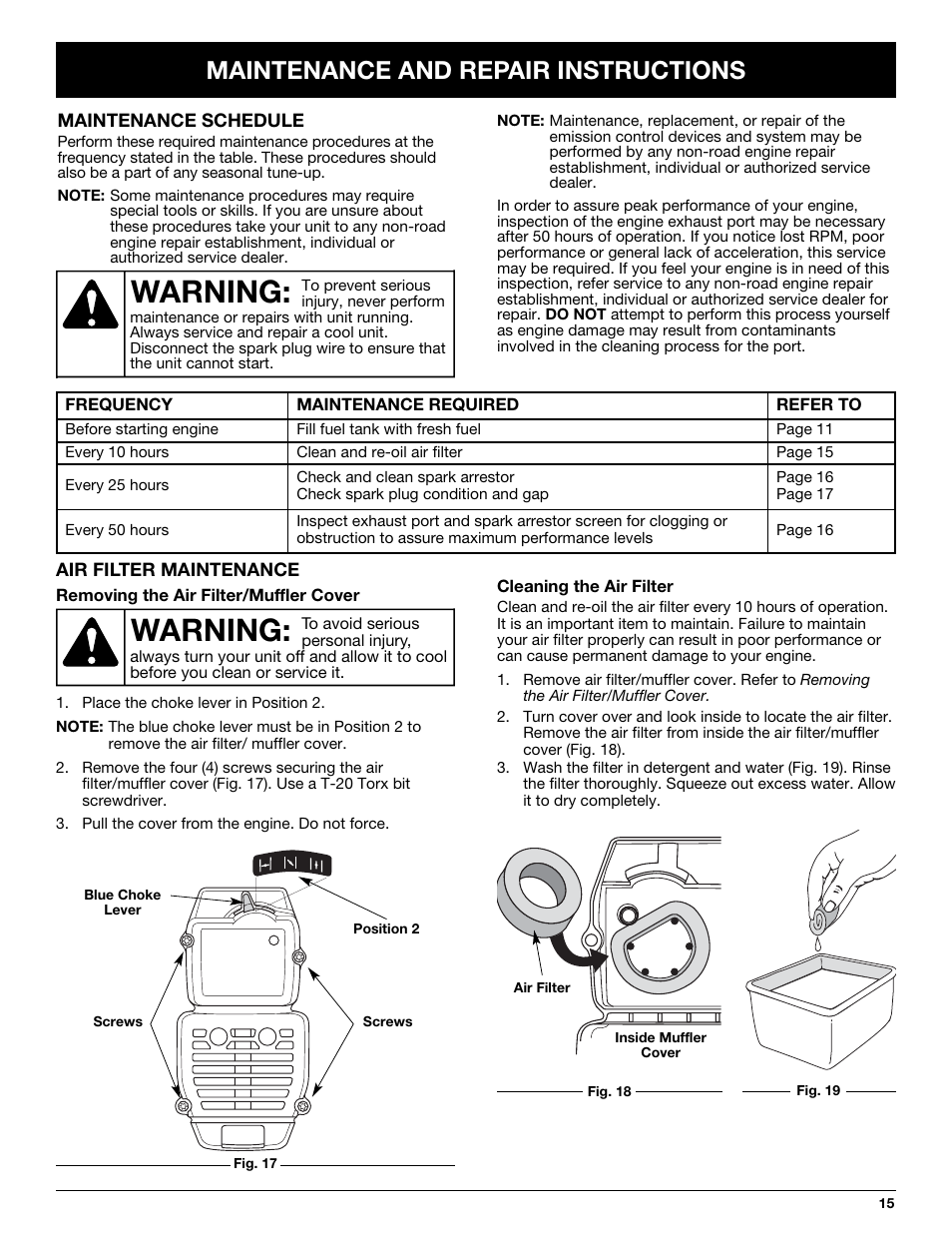 Warning, Maintenance and repair instructions | MTD YM320BV User Manual | Page 15 / 72