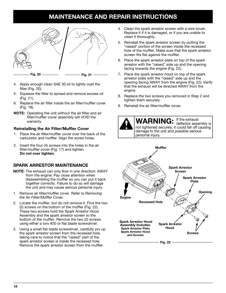 Warning, Maintenance and repair instructions | MTD YM320BV User Manual | Page 16 / 72