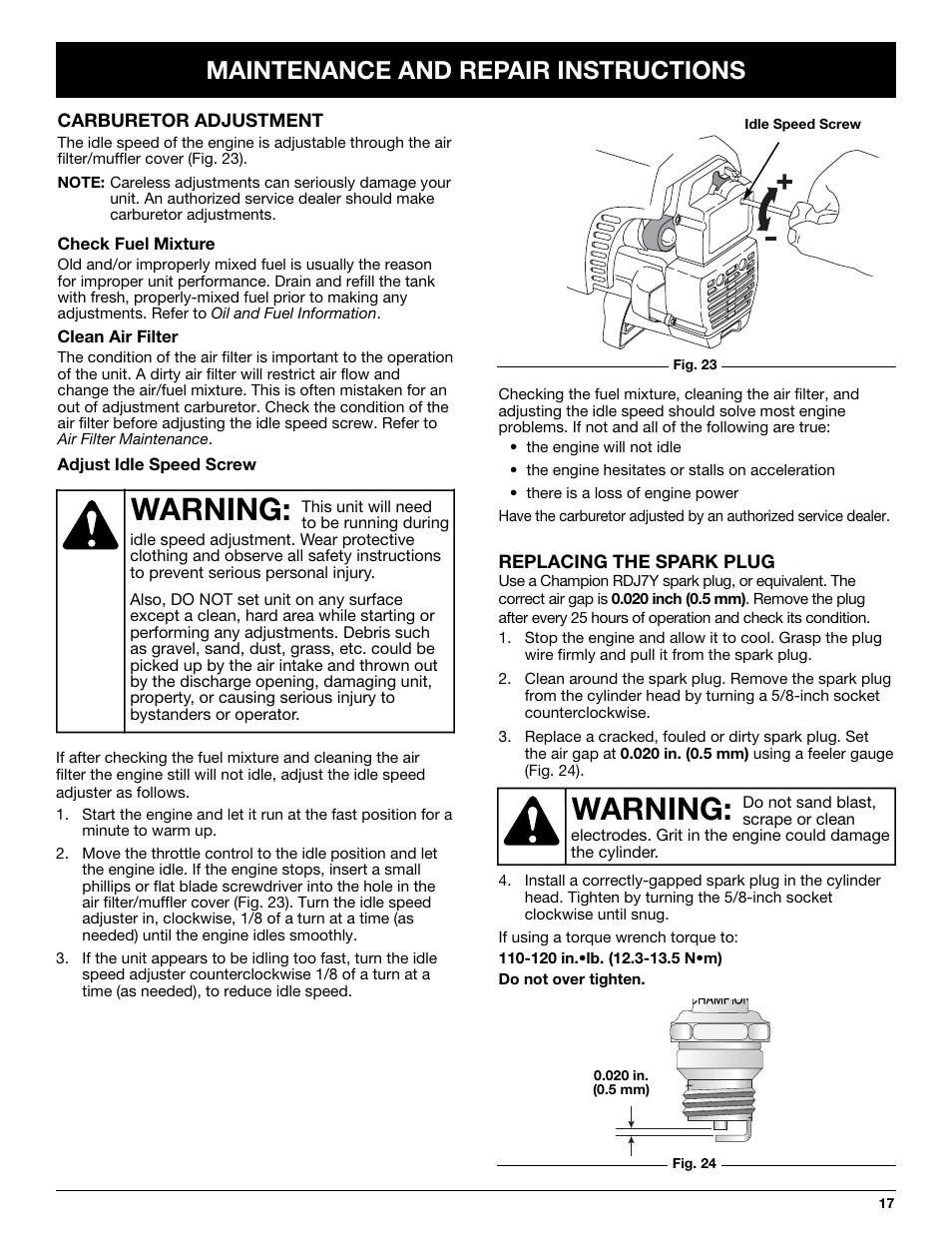 Warning, Maintenance and repair instructions | MTD YM320BV User Manual | Page 17 / 72