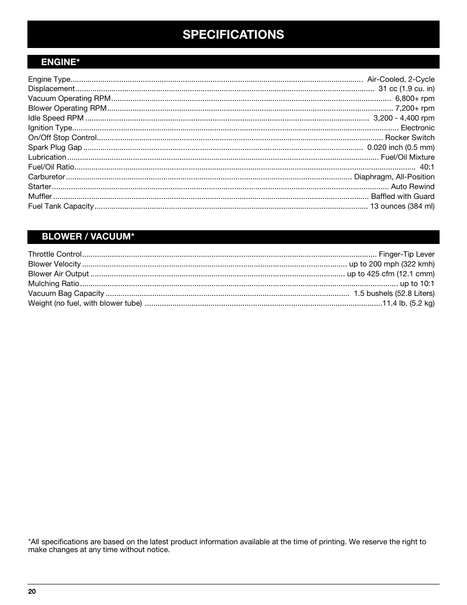 Specifications | MTD YM320BV User Manual | Page 20 / 72