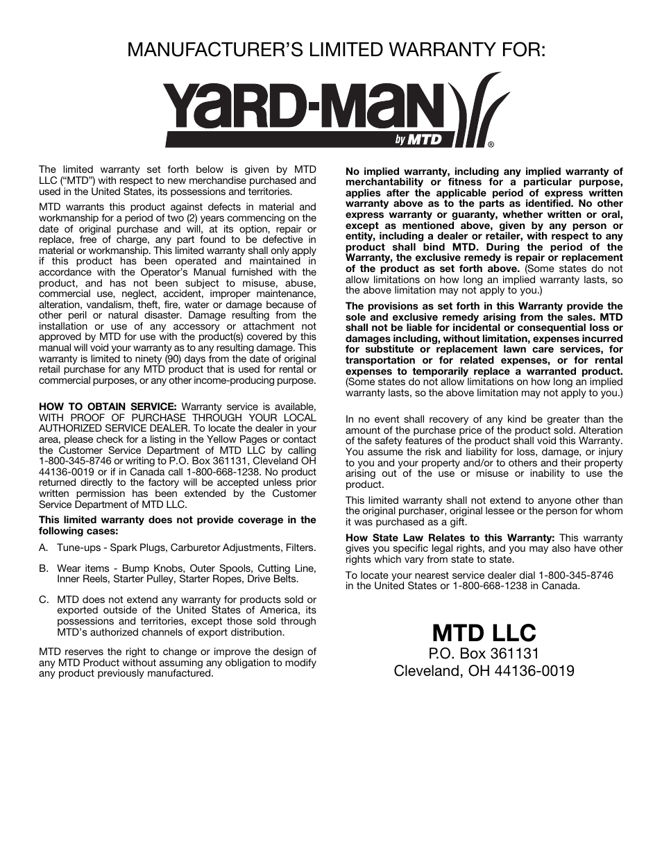 Mtd llc, Manufacturer’s limited warranty for | MTD YM320BV User Manual | Page 22 / 72