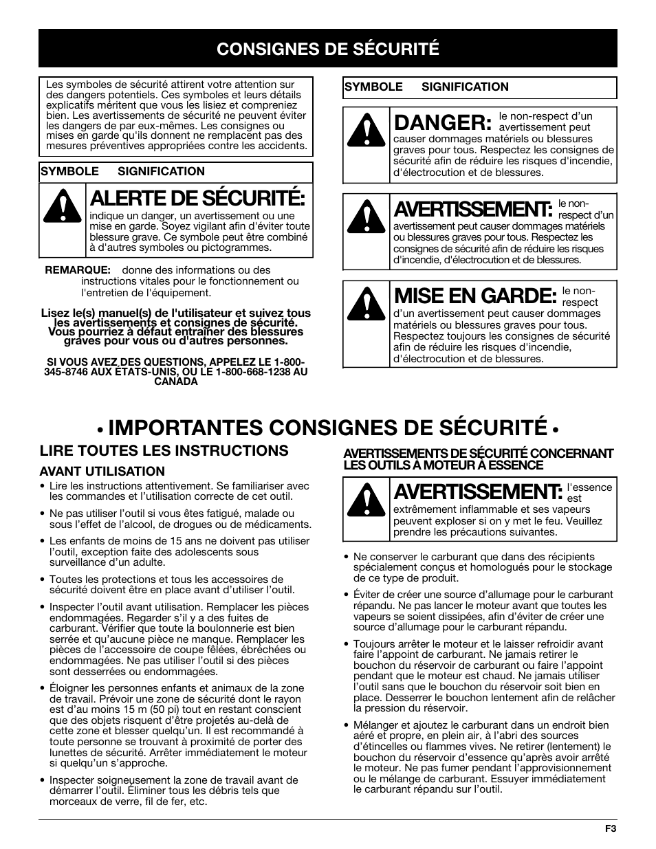 Importantes consignes de sécurité, Avertissement, Danger | Mise en garde, Alerte de sécurité, Consignes de sécurité, Lire toutes les instructions | MTD YM320BV User Manual | Page 25 / 72