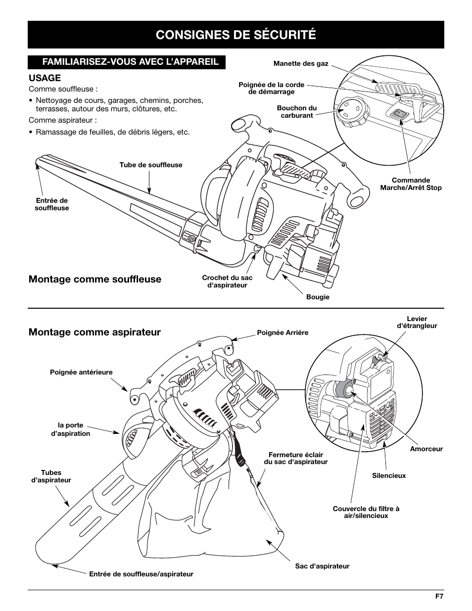 Consignes de sécurité, Montage comme souffleuse, Montage comme aspirateur | MTD YM320BV User Manual | Page 29 / 72