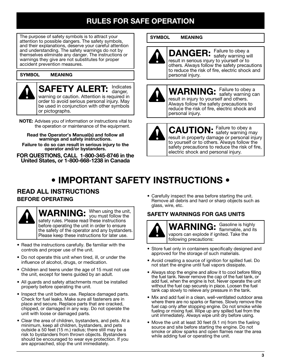 Warning: • important safety instructions, Warning, Danger | Caution, Safety alert, Rules for safe operation, Read all instructions | MTD YM320BV User Manual | Page 3 / 72