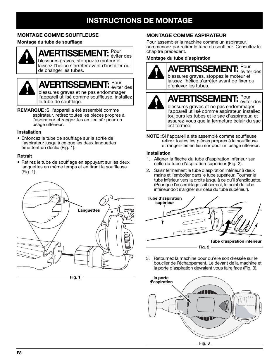 Avertissement, Instructions de montage | MTD YM320BV User Manual | Page 30 / 72