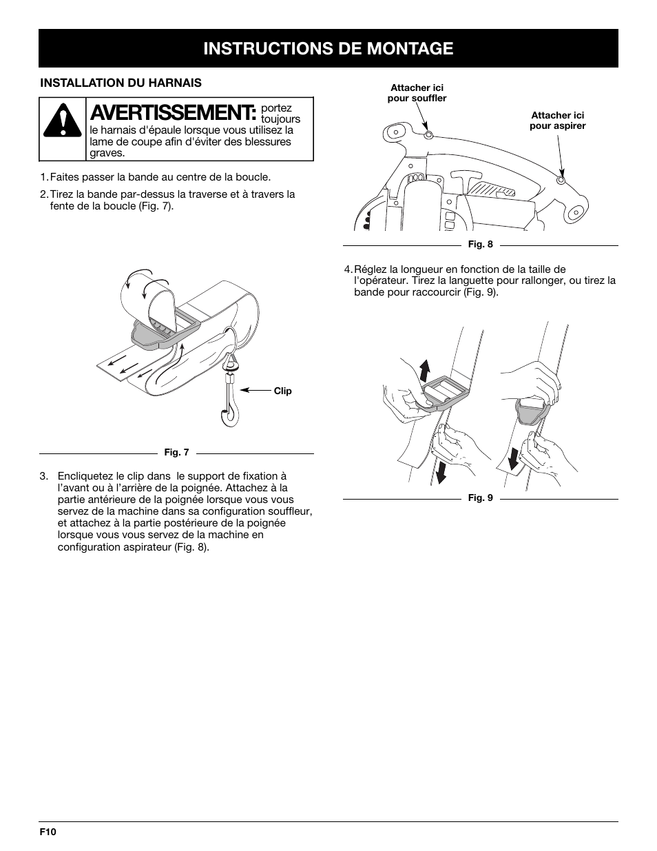Avertissement, Instructions de montage | MTD YM320BV User Manual | Page 32 / 72