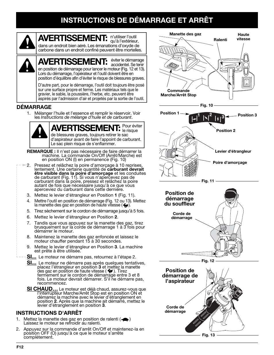 Avertissement, Instructions de démarrage et arrêt | MTD YM320BV User Manual | Page 34 / 72