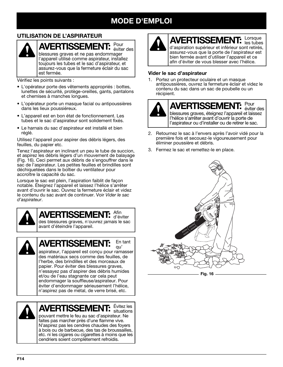 Avertissement, Mode d'emploi | MTD YM320BV User Manual | Page 36 / 72