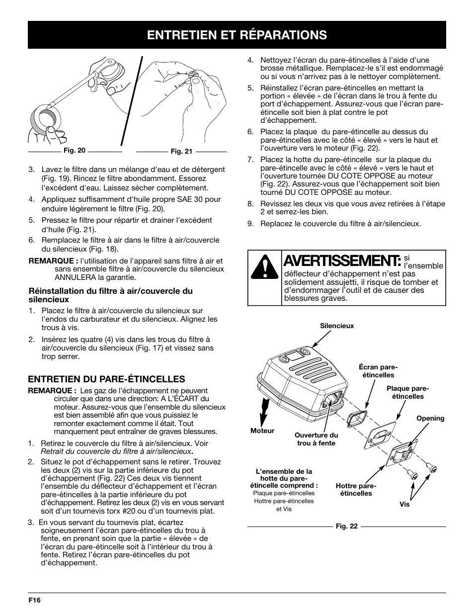 Avertissement, Entretien et réparations | MTD YM320BV User Manual | Page 38 / 72