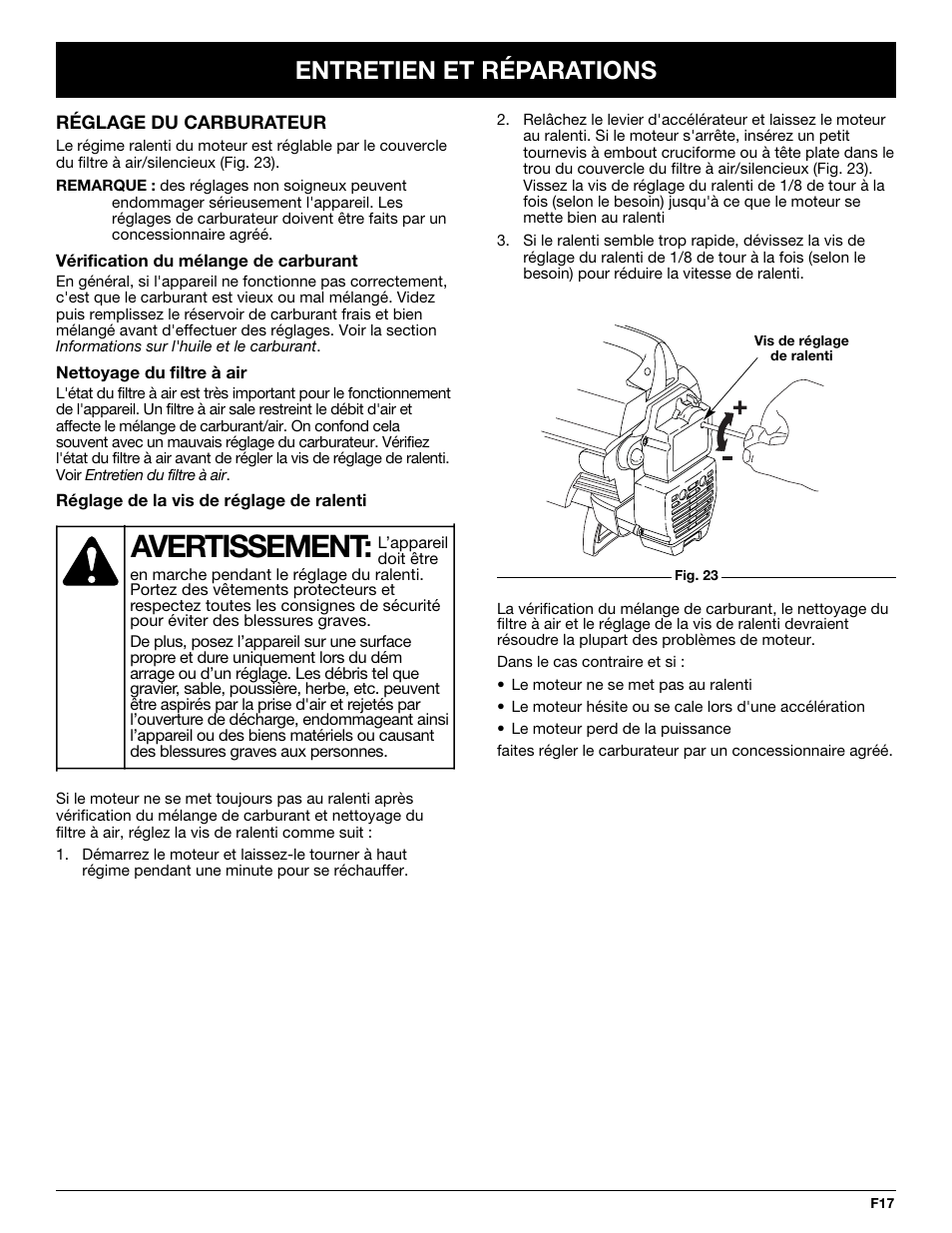 Avertissement, Entretien et réparations | MTD YM320BV User Manual | Page 39 / 72