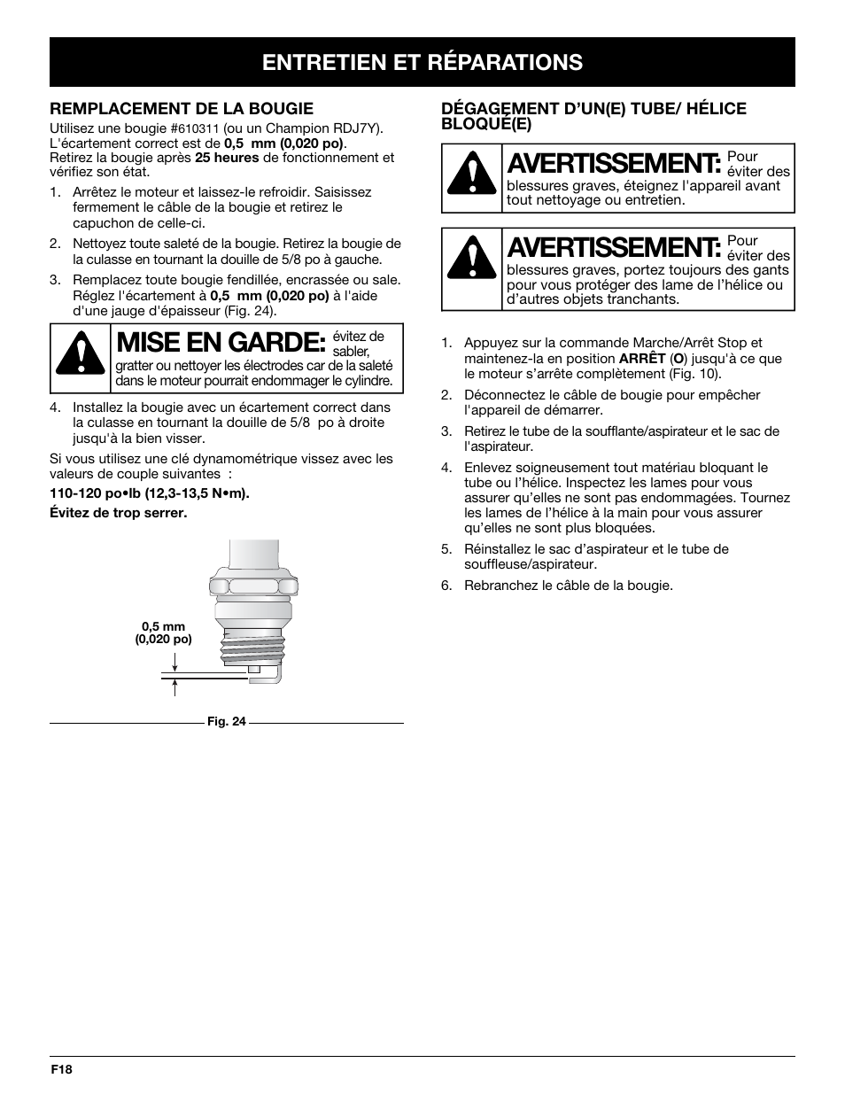 Mise en garde, Avertissement, Entretien et réparations | MTD YM320BV User Manual | Page 40 / 72