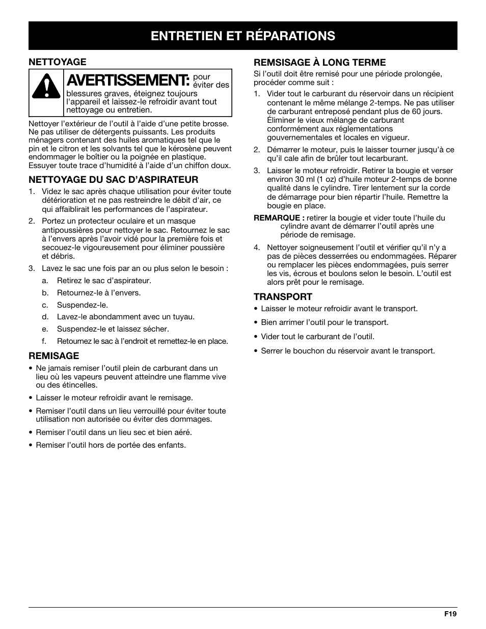 Avertissement, Entretien et réparations | MTD YM320BV User Manual | Page 41 / 72