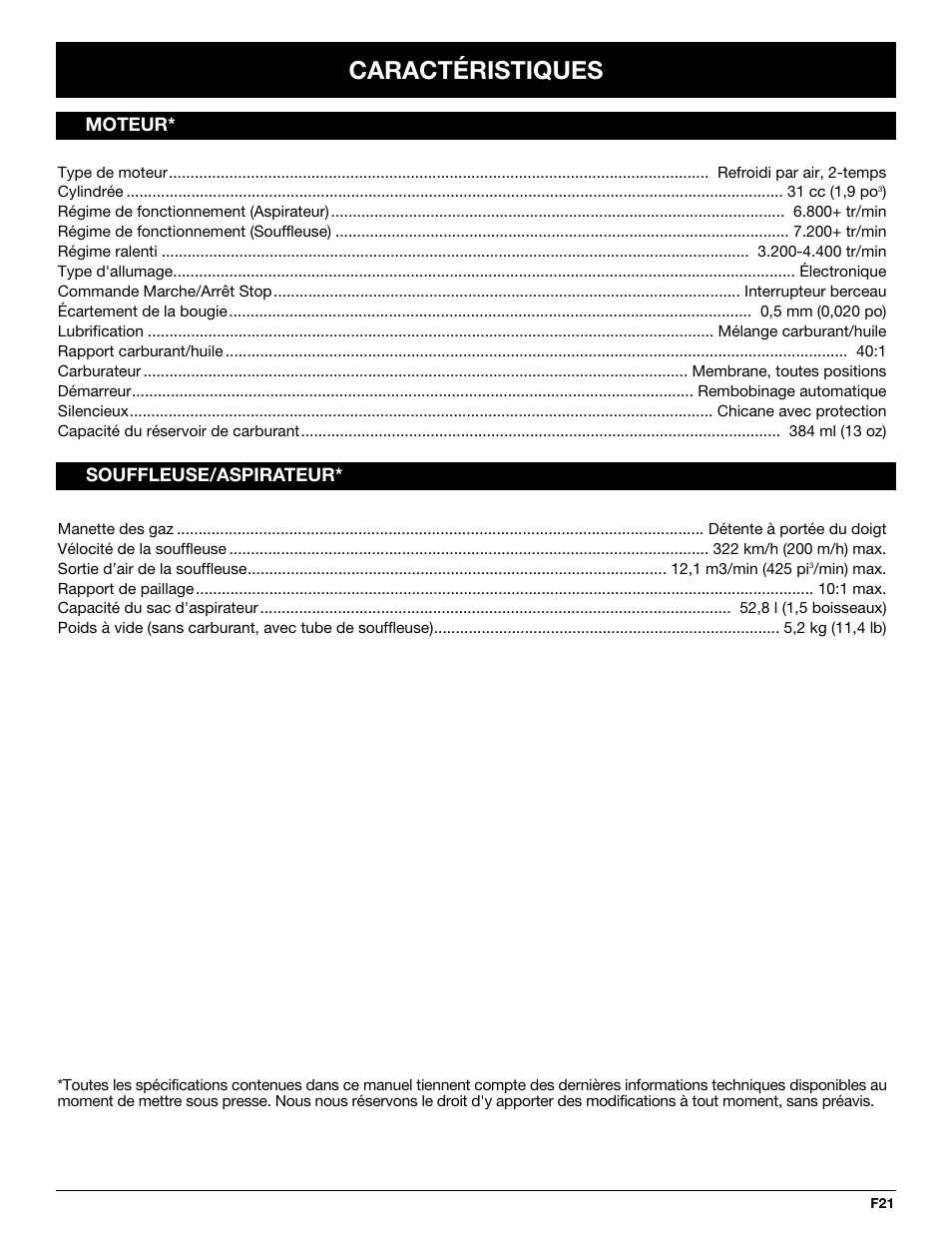 Caractéristiques | MTD YM320BV User Manual | Page 43 / 72
