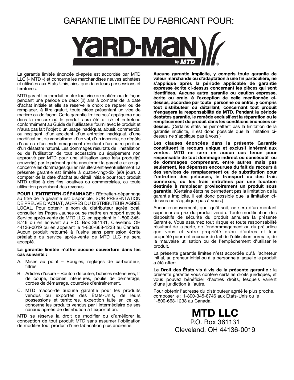 Mtd llc, Garantie limitée du fabricant pour | MTD YM320BV User Manual | Page 46 / 72