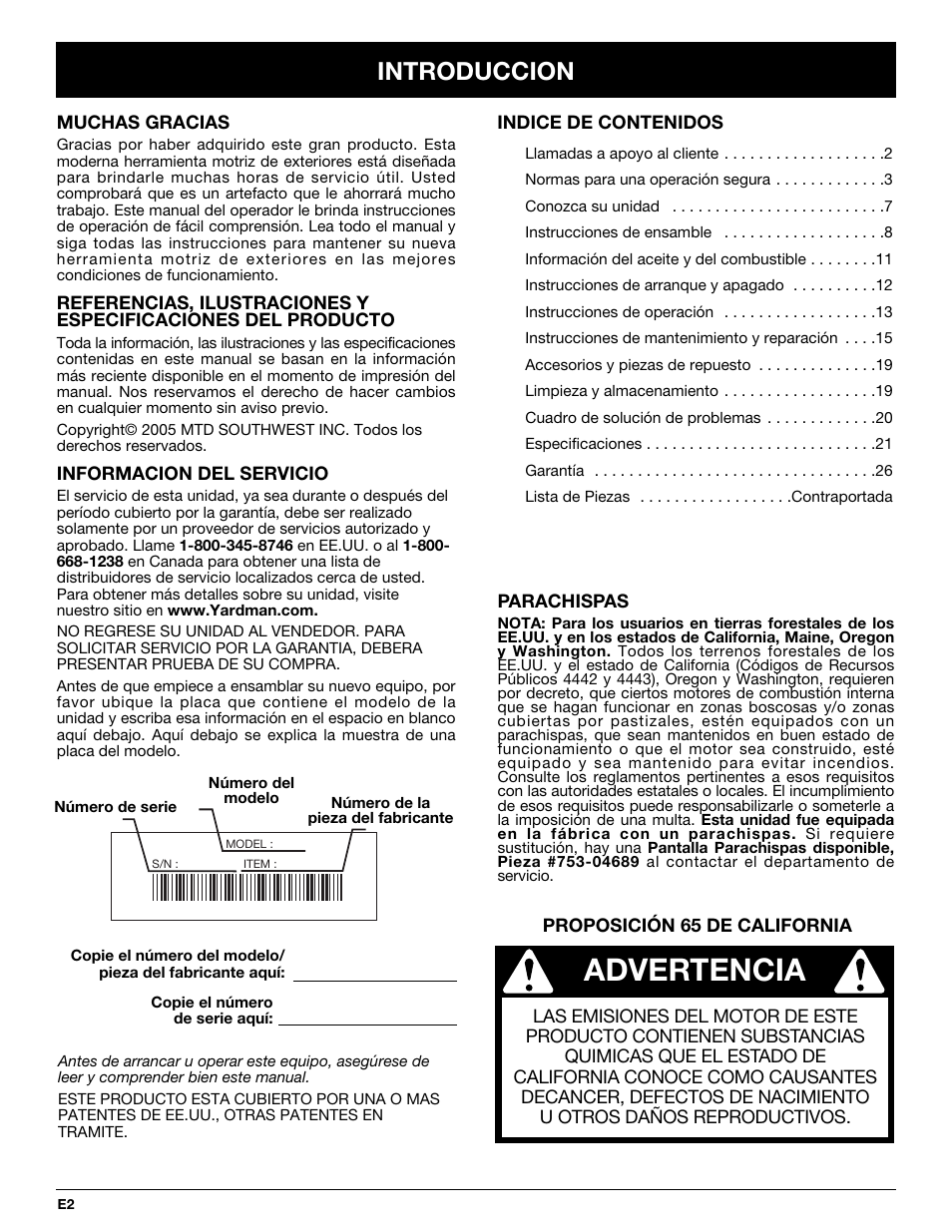 Advertencia, Introduccion | MTD YM320BV User Manual | Page 48 / 72