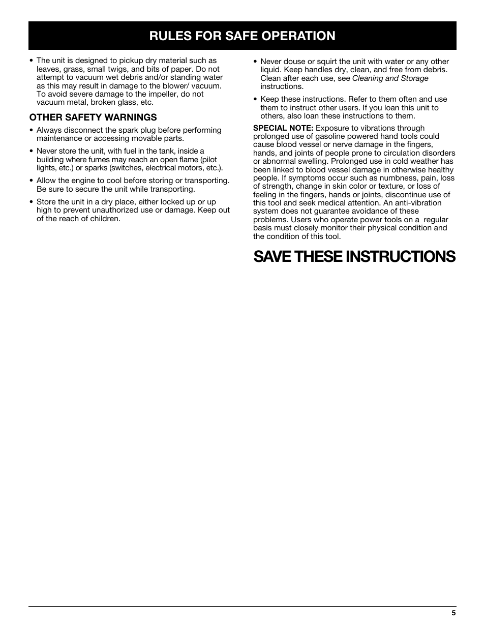 Save these instructions, Rules for safe operation | MTD YM320BV User Manual | Page 5 / 72