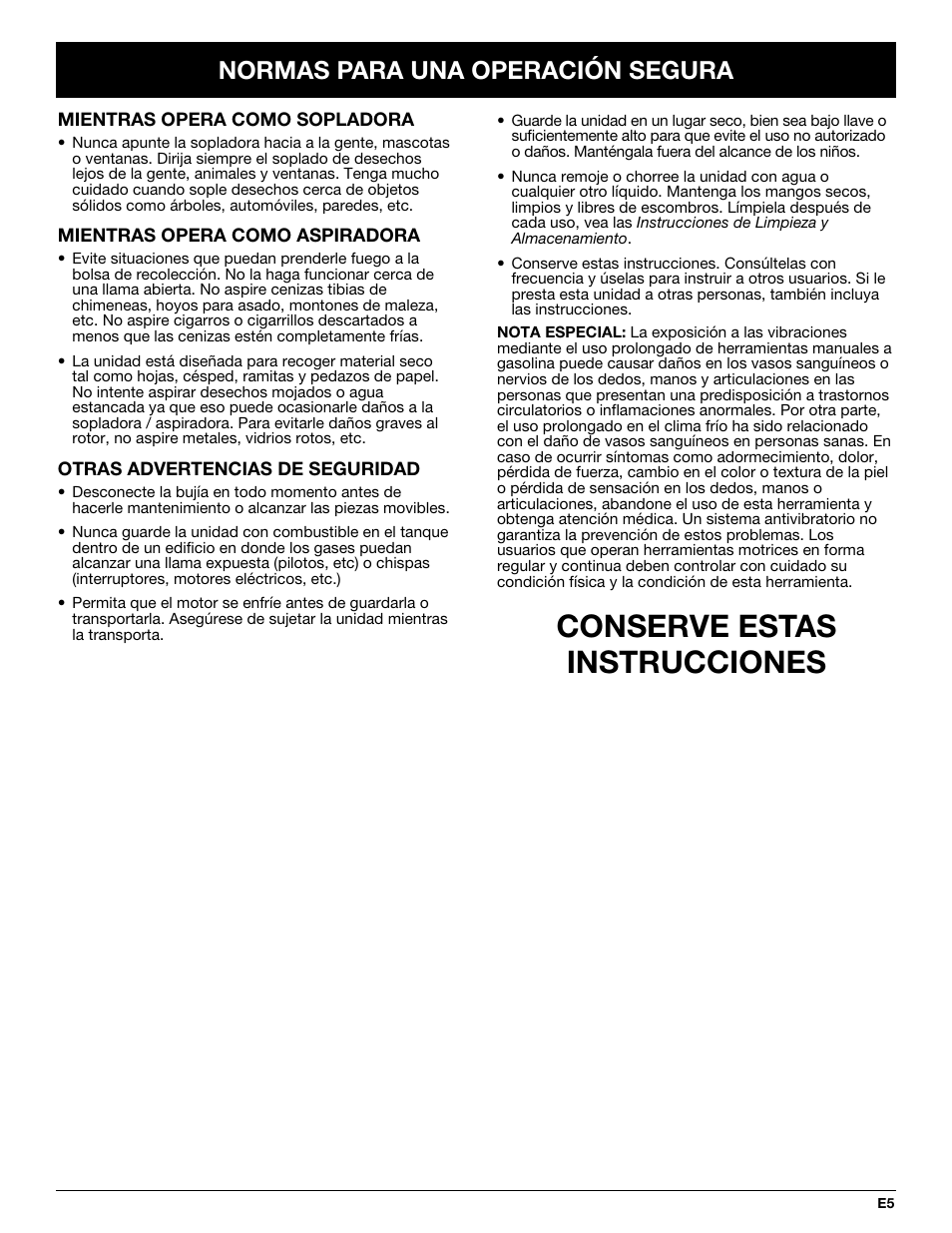 Conserve estas instrucciones, Normas para una operación segura | MTD YM320BV User Manual | Page 51 / 72