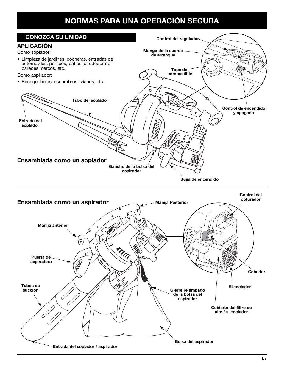 Normas para una operación segura, Ensamblada como un soplador, Ensamblada como un aspirador | MTD YM320BV User Manual | Page 53 / 72