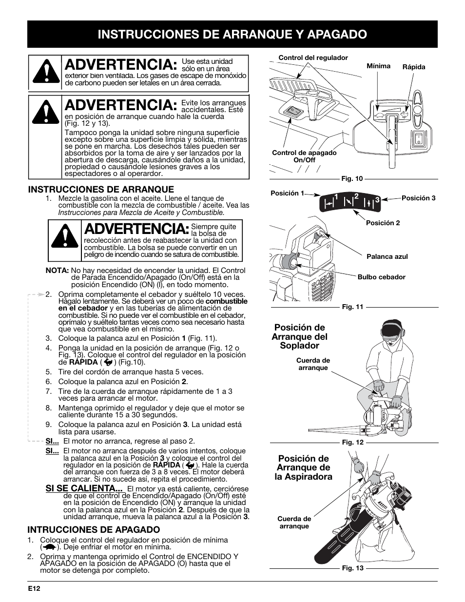Advertencia, Instrucciones de arranque y apagado | MTD YM320BV User Manual | Page 58 / 72