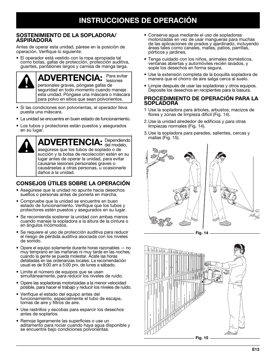 Advertencia, Instrucciones de operación | MTD YM320BV User Manual | Page 59 / 72