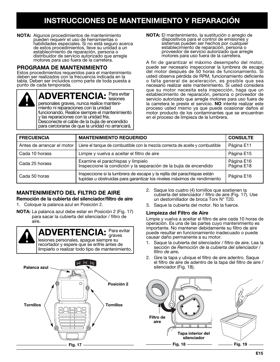 Advertencia, Instrucciones de mantenimiento y reparación | MTD YM320BV User Manual | Page 61 / 72