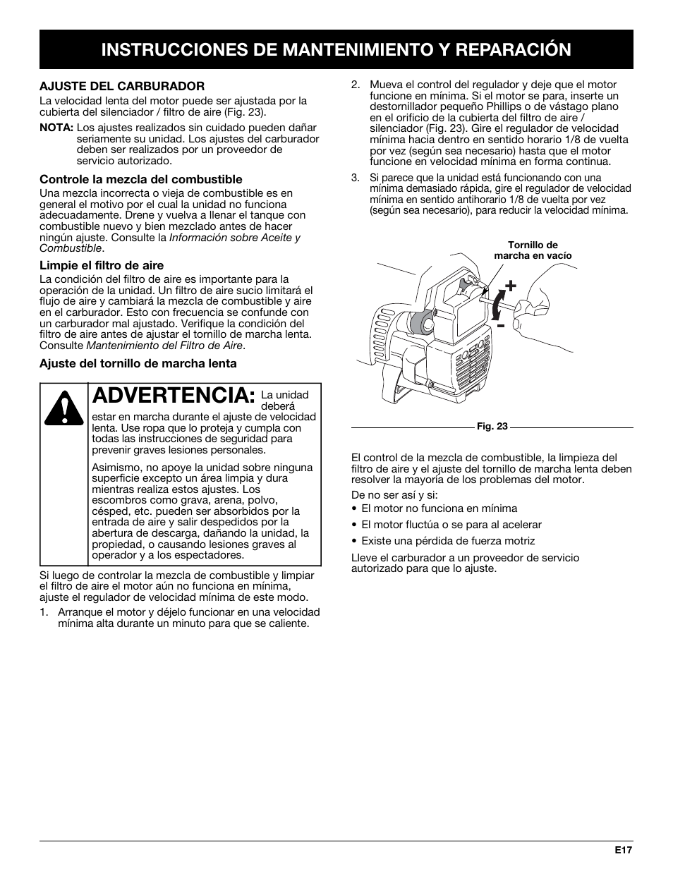 Advertencia, Instrucciones de mantenimiento y reparación | MTD YM320BV User Manual | Page 63 / 72