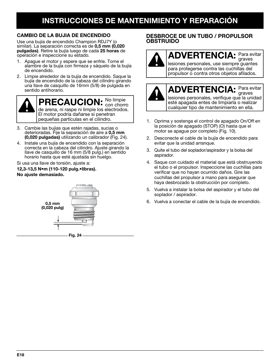 Precaucion, Advertencia, Instrucciones de mantenimiento y reparación | MTD YM320BV User Manual | Page 64 / 72