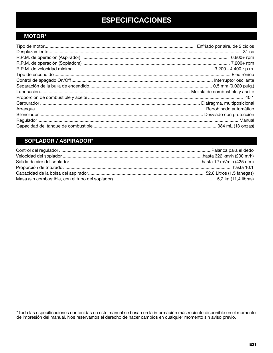 Especificaciones | MTD YM320BV User Manual | Page 67 / 72