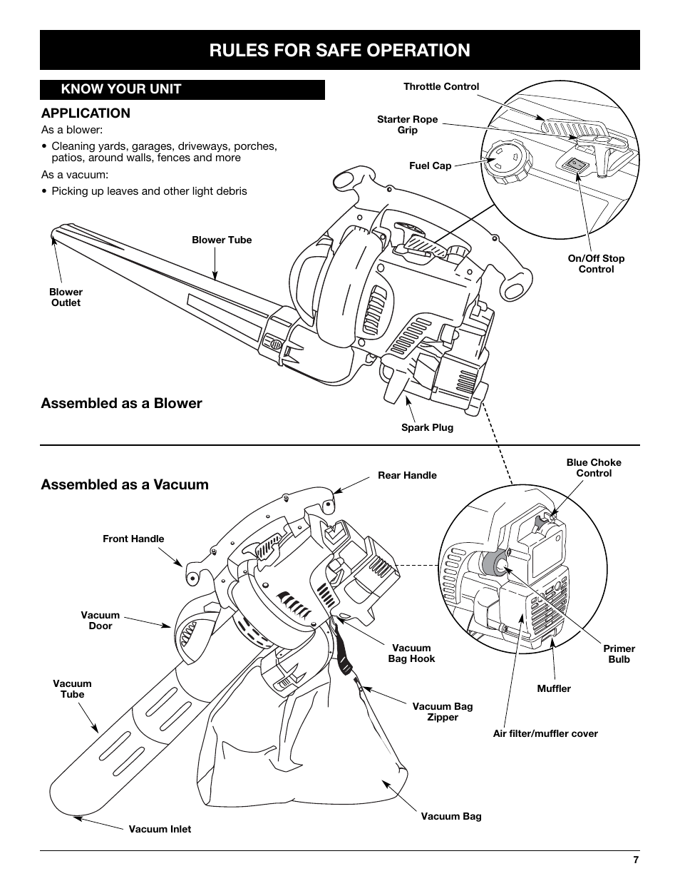 Rules for safe operation, Assembled as a blower assembled as a vacuum | MTD YM320BV User Manual | Page 7 / 72