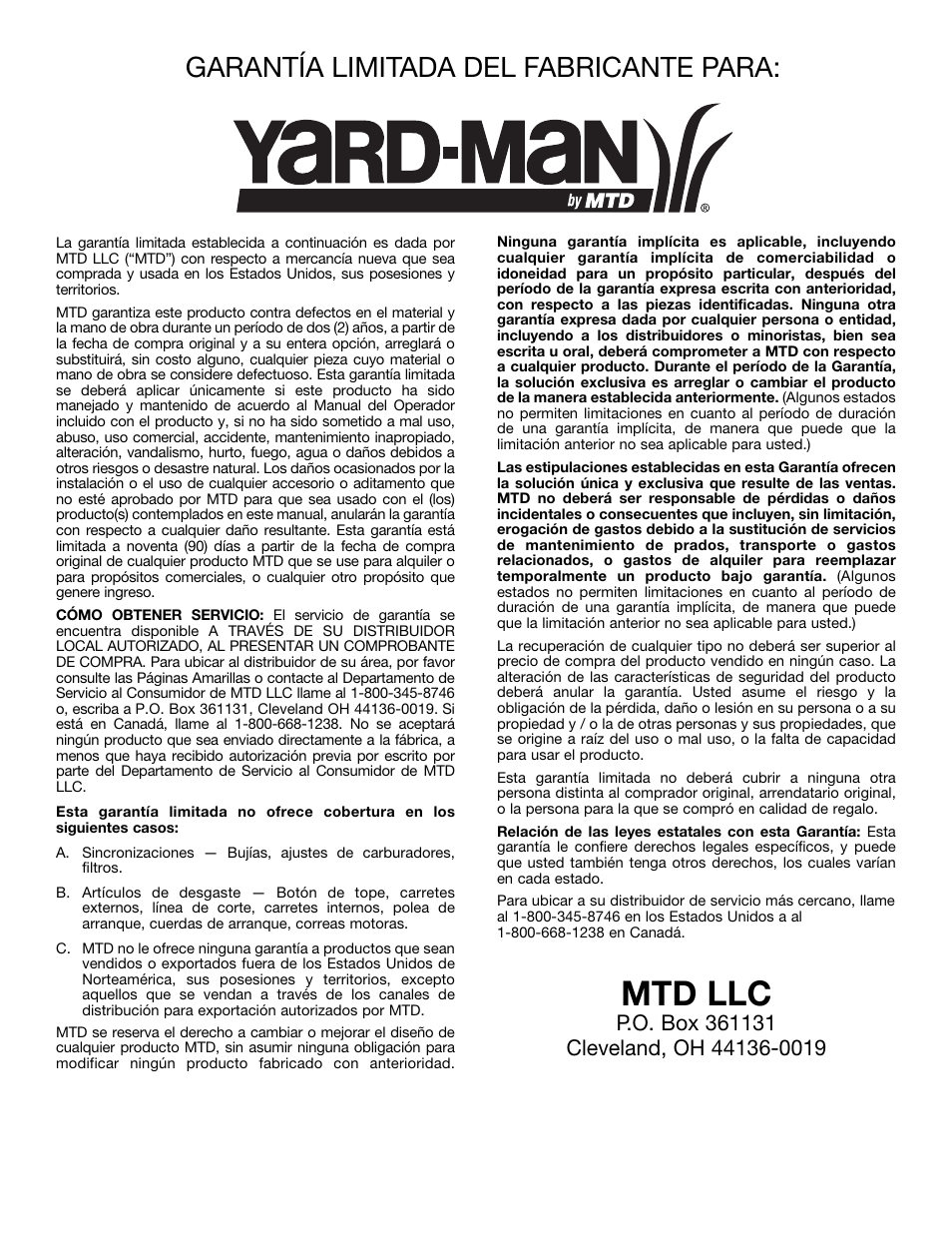 Mtd llc, Garantía limitada del fabricante para | MTD YM320BV User Manual | Page 72 / 72